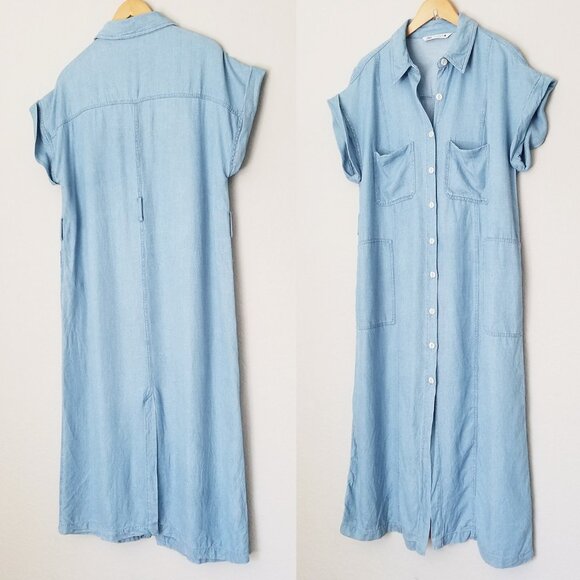 Zara Dresses & Skirts - Zara Linen Blend Button Down Blue Chambray Midi Shirt Dress XL Soft Light Denim